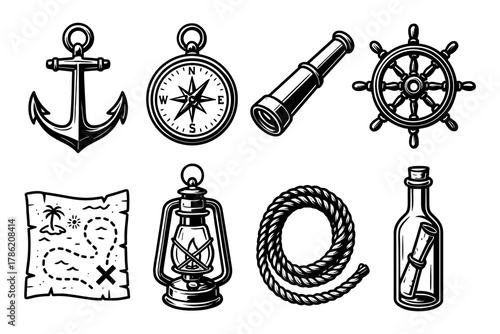 Vintage nautical designs featuring compass, anchor, and ship wheel elements