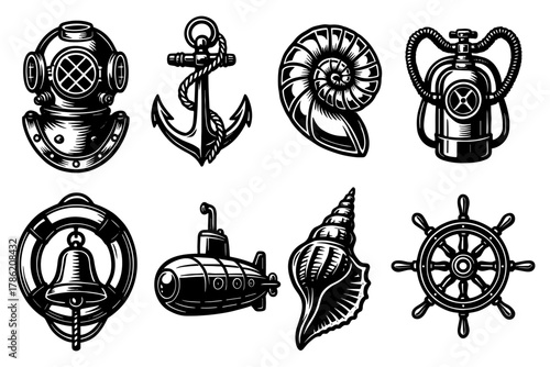 Nautical icons: vintage marine diving helmet, anchor, shells, and more