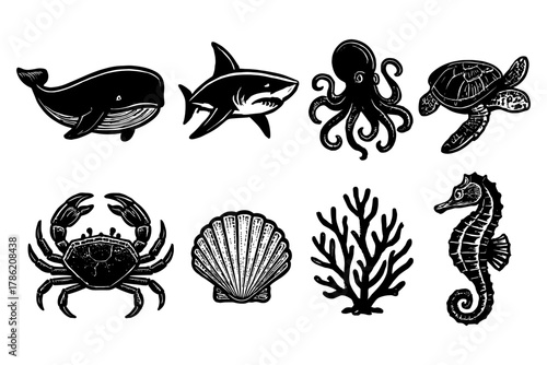 Hand drawn marine animals collection featuring whale shark octopus and coral