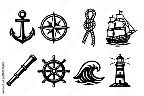 Nautical icons: anchor, compass, rope, ship, telescope, wheel, wave, lighthouse