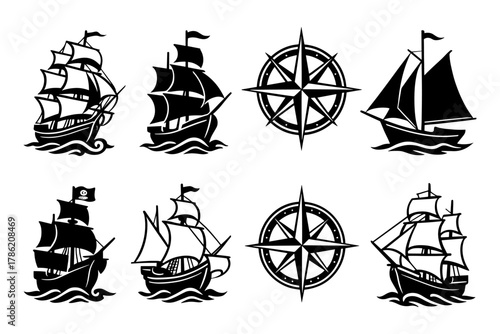 Collection of nautical ship silhouettes with compass rose for marine design