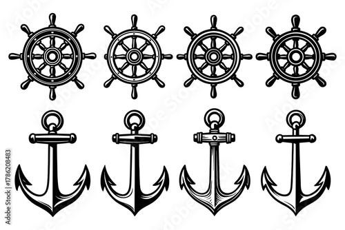 Nautical icons set: ship wheels and anchors in black and white