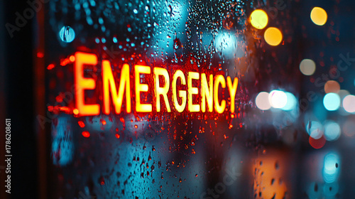 Urgent neon sign glows brightly through rain streaked glass at night