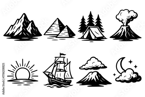 Adventure icons: nature and exploration themed black and white silhouettes