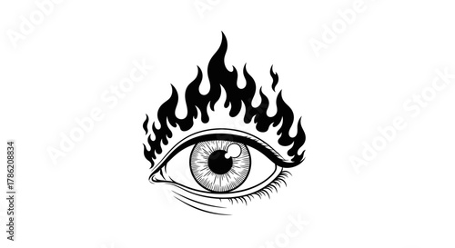 Mystic eye engulfed in flames, monochrome drawing for mystical themed projects