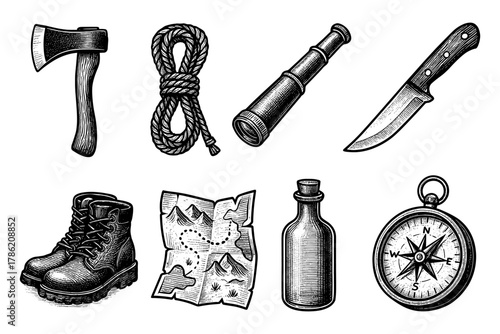 Vintage camping and hiking gear set with rope, axe, and compass