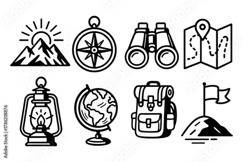 Adventure icons: monochrome set featuring compass, backpack, and more