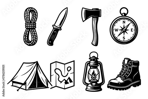 Essential camping gear icons: knives, axes, and more in bold black and white