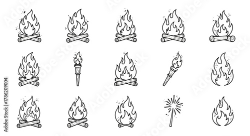Various bonfire elements hand-drawn in simple black lines create a cozy and playful design of flames