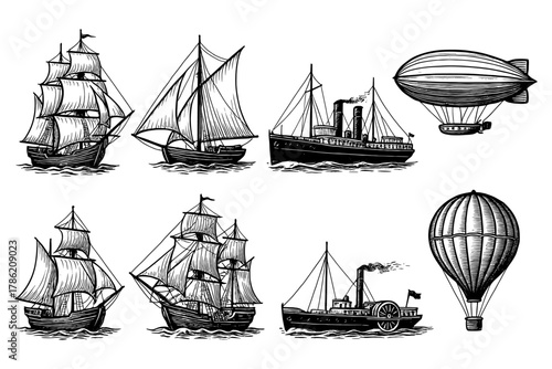 Vintage nautical vessels and airships in black and white style