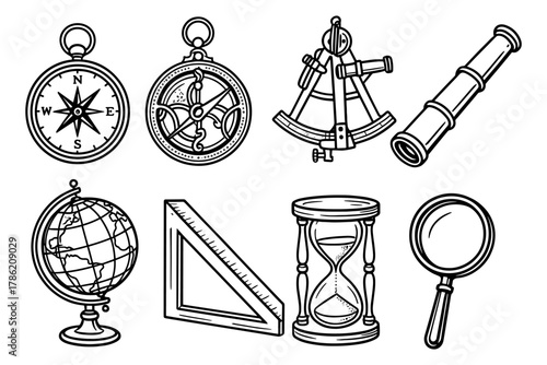 Vintage nautical tools collection: compass, sextant, telescope, globe, hourglass, magnifier