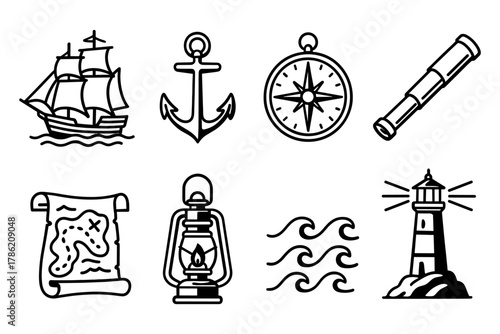 Nautical icons set: ship, anchor, compass, and more in outline style