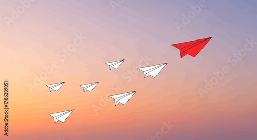 Paper planes in sunset sky represent leadership innovation and unique direction