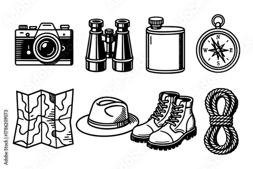 Retro adventure icons: camera, binoculars, flask, compass, map, hat, boots, rope
