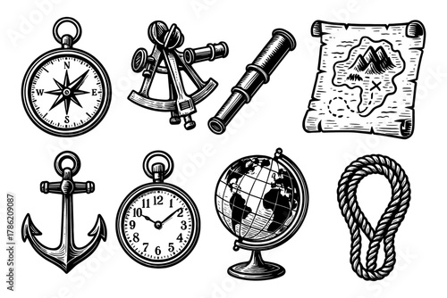 Vintage nautical tools and maps collection in retro style