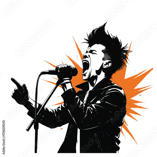 Energetic punk rock singer with mohawk hairstyle passionately performing live on stage with microphone and explosion graphic