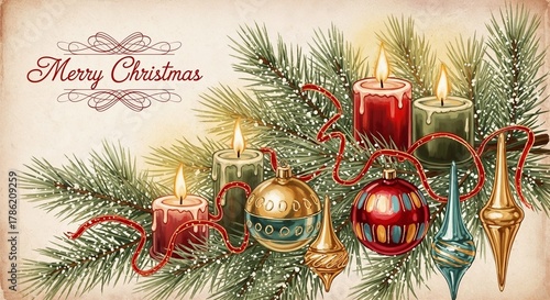 Vintage Christmas decorations with candles and ornaments on pine  