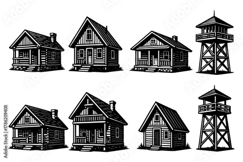 Rustic cabins and watchtowers in vintage black and white woodcut style