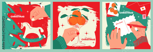 Happy new year 2026 design. With hands holding glass of champagne and toy. Colorful collage style illustrations. Vector design for poster, banner, greeting and merry christmas 2026 celebration.	