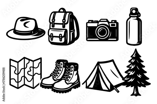 Outdoor adventure icons: hat, camera, backpack, boots, tent, and map in bold black and white style