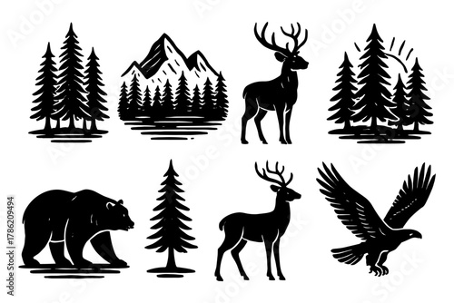 Wildlife silhouette collection featuring forest animals and scenery