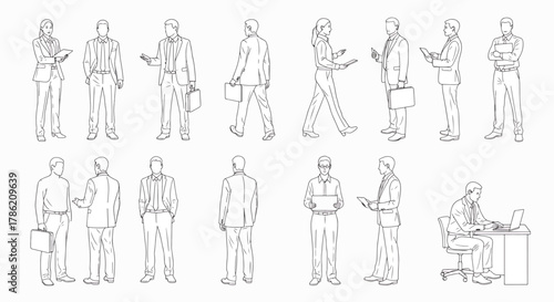 Collection of Business People Posed in Various Professional Scenarios, Diverse Office Professionals in Suits and Casual Attire