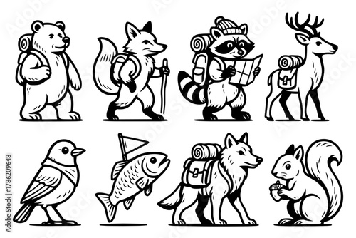 Adventurous animals: black and white hiking cartoon characters in nature