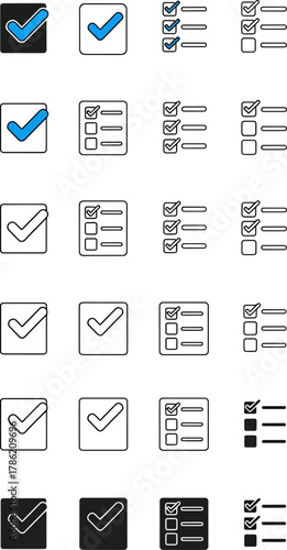 Collection of Check Mark Icons and List Symbols in Blue and Black, Graphic Elements for Design