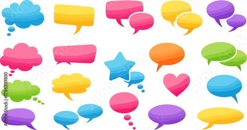 Collection of Colorful Cartoon Speech Bubbles and Thought Clouds for Communication Concepts, Diverse Shapes and Sizes