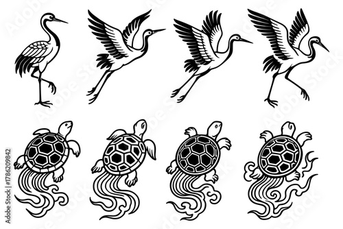 Elegant bird and turtle designs in black and white silhouette style