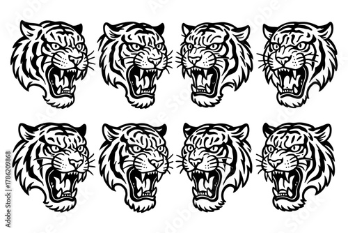 Set of eight roaring tiger heads in black and white