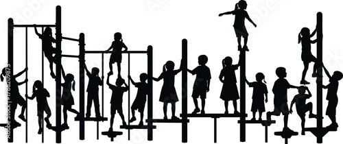 Children playground silhouettes, kids playing illustration, outdoor activity, climbing structure, childhood fun, recreation area, park design, active lifestyle, group play, safety