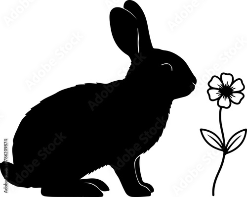 Silhouette of a black rabbit smelling a flower a charming illustration concept