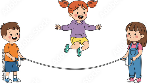 Children playing jump rope outdoors, happy kids activity, childhood fun, playground game, energetic movement, teamwork, fitness exercise, summer lifestyle, outdoor recreation, friendship