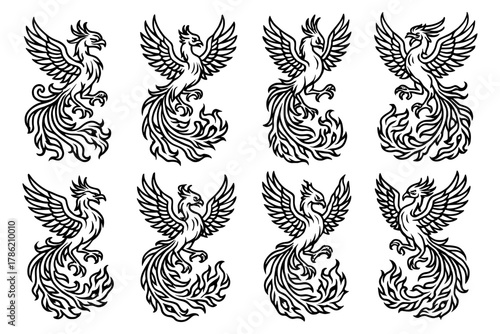 Majestic phoenix designs in ornate black patterns set against white background