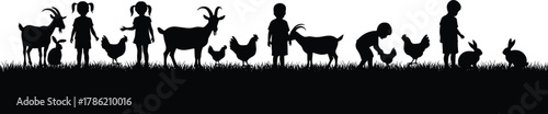 Children with farm animals silhouette, kids playing with goats chickens rabbit, rural life vector, countryside nature, agriculture education, outdoor learning scene