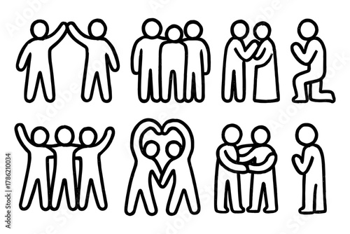 Simple human figures in various social interactions and poses