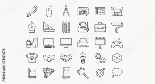 Collection of Design and Business Icons Featuring Tools, Technology, and Office Supplies on a White Background