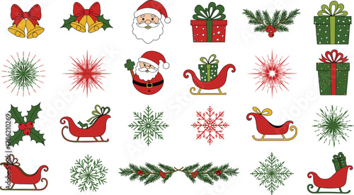 Christmas holiday icons collection, Santa Claus face, golden bells, gift boxes, sleigh, holly leaves, snowflakes, garland, festive decorations, celebration
