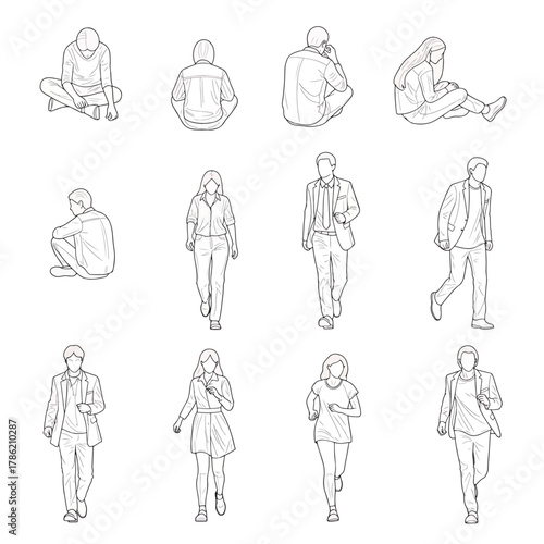 Collection of diverse people in various casual and business outfits, depicted in line art style for architectural and design projects.