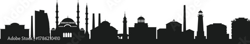City skyline silhouette, mosque minarets, domed architecture, Islamic cityscape, Middle Eastern skyline, cultural heritage, urban landscape, modern and traditional buildings
