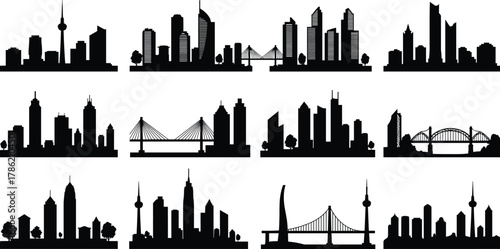 City skyline silhouettes, urban bridge illustration, modern architecture vector, black cityscape design, skyline art collection, metropolitan buildings, tower silhouettes, landmark bridges