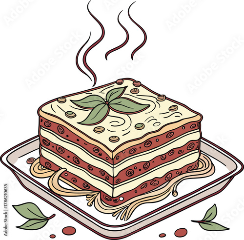 Lasagna with basil on a plate illustration