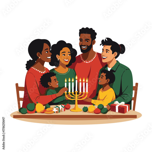 Diverse family celebrating hanukkah together around a table lighting the menorah with joyful expressions