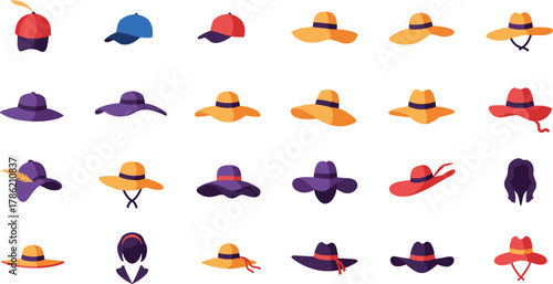 Colorful hat collection, fashion headwear, baseball cap, sun hat, decorative ribbon, stylish accessory, vector illustration, clothing design, apparel icon, trendy style