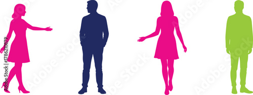 Colorful human silhouettes, abstract people figures, vibrant standing poses, modern vector illustration, diversity concept, teamwork design, communication art, social interaction graphic