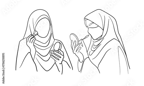 2 Woman in hijab does makeup, continious line drawing. Pakistan girls outline. Vector illustration