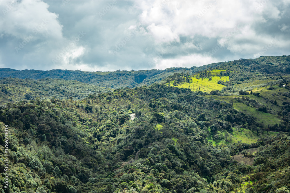 Naklejka premium Stunning view of the Andes mountains in Purace, Cauca, showcasing lush green valleys and cloudy skies.