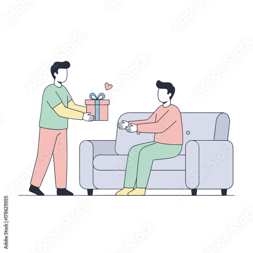Two Men Exchanging A Pastel Colored Gift Box With A Blue Bow In A Minimalist Style With Soft Pastel Colors And Simple Outlines Against A White Background