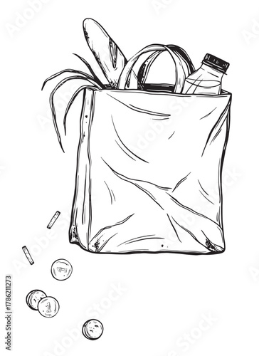 Sketch of a paper bag with groceries. Hand-drawn ink vector illustration of a store bag and money. Linear graphic elements for grocery store design, isolated on a white background.